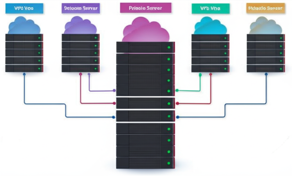 Illustration of a large server being virtually divided into smaller independent VPS units with distinct resources