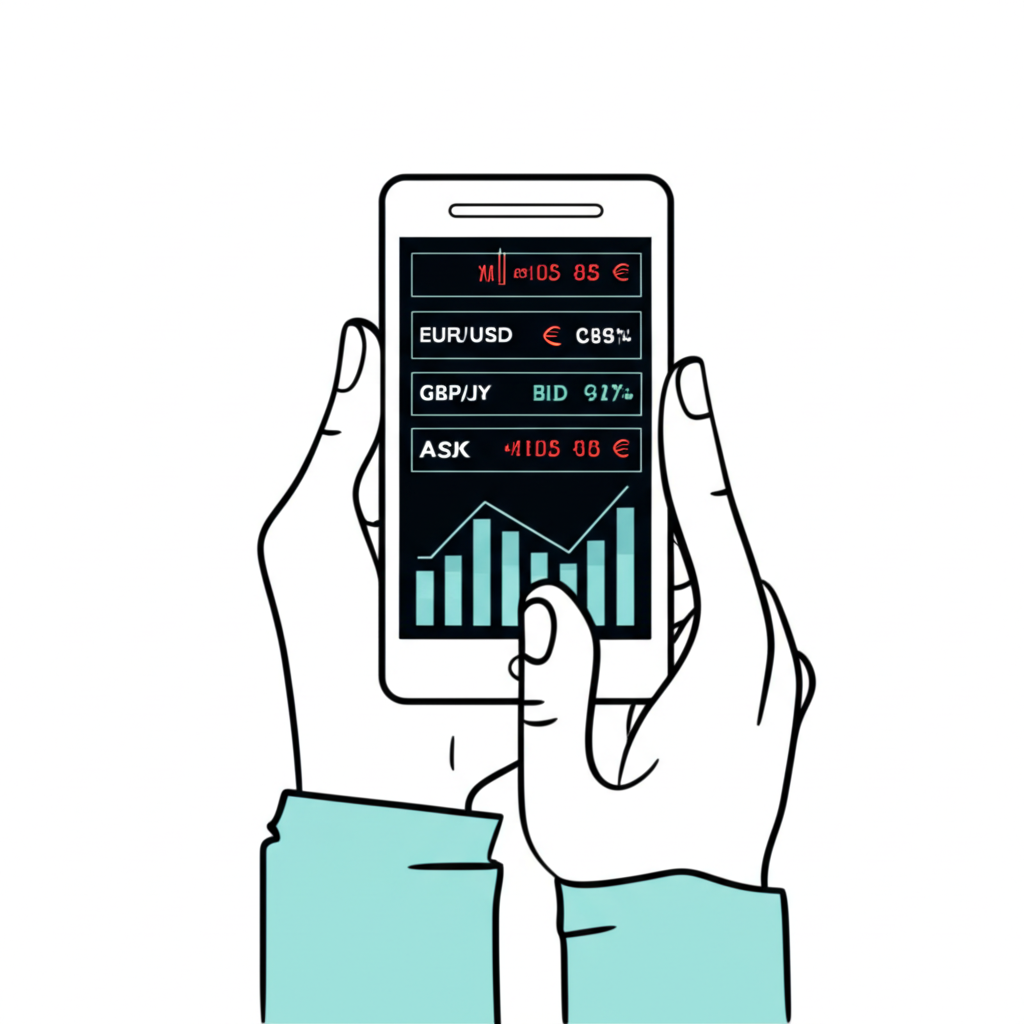 ภาพประกอบมือถือสมาร์ทโฟนแสดงคู่สกุลเงินและกราฟทางการเงินพร้อมราคา Bid และ Ask