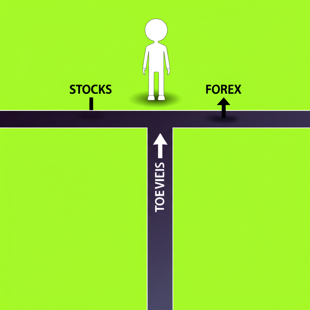 เส้นทางที่แยกเป็นสองทาง ทางหนึ่งสำหรับหุ้น อีกทางสำหรับ Forex พร้อมตัวละครนำทางแสดงทางที่ถูกต้อง