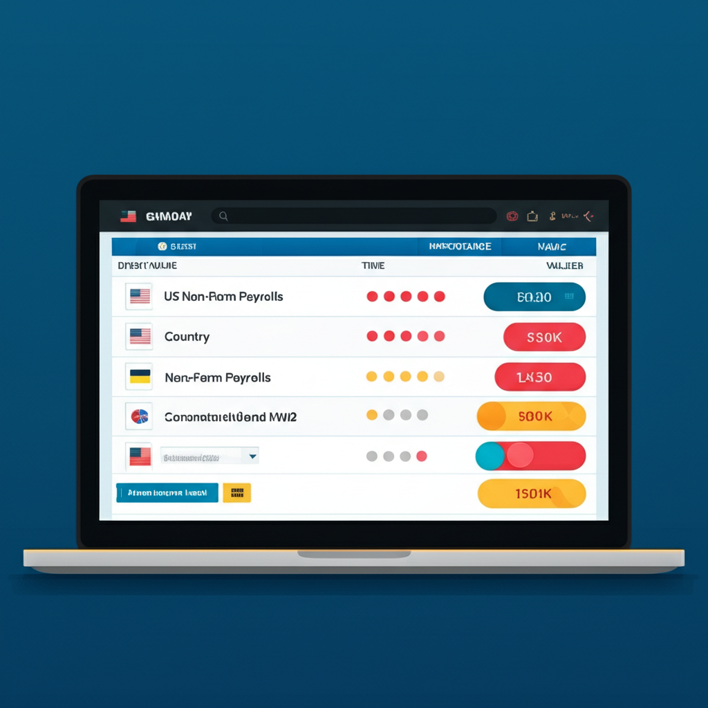 ภาพประกอบอินเทอร์เฟซปฏิทินฟอเร็กซ์แสดงชื่อเหตุการณ์ ประเทศ เวลา ระดับความสำคัญ และค่าต่างๆ