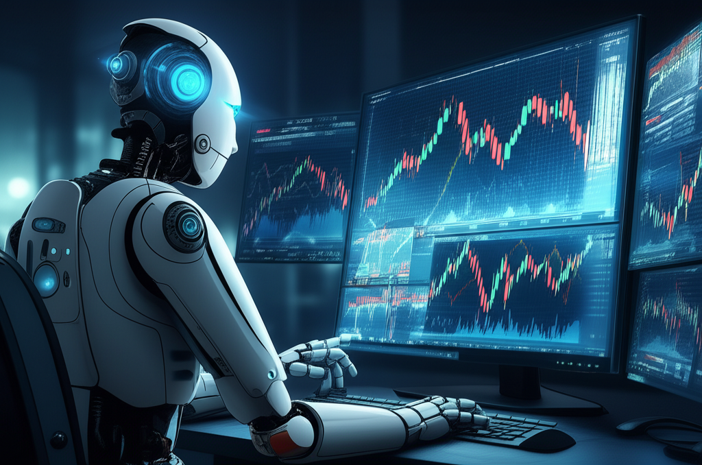 ภาพประกอบบอทเทรด Forex บนหน้าจอคอมพิวเตอร์พร้อมกราฟการเงินและสกุลเงินทั่วโลก