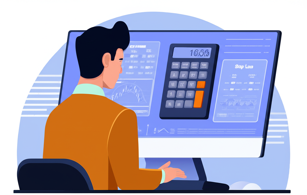 Thai trader confidently planning trades with a pip calculator showing stop loss take profit levels
