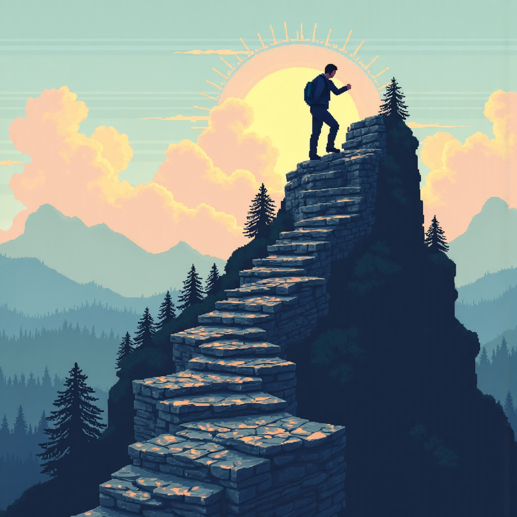 A metaphorical image of a steady climb up a path made of financial charts towards a sunlit mountain peak representing successful forex trading using uplifting illustrations