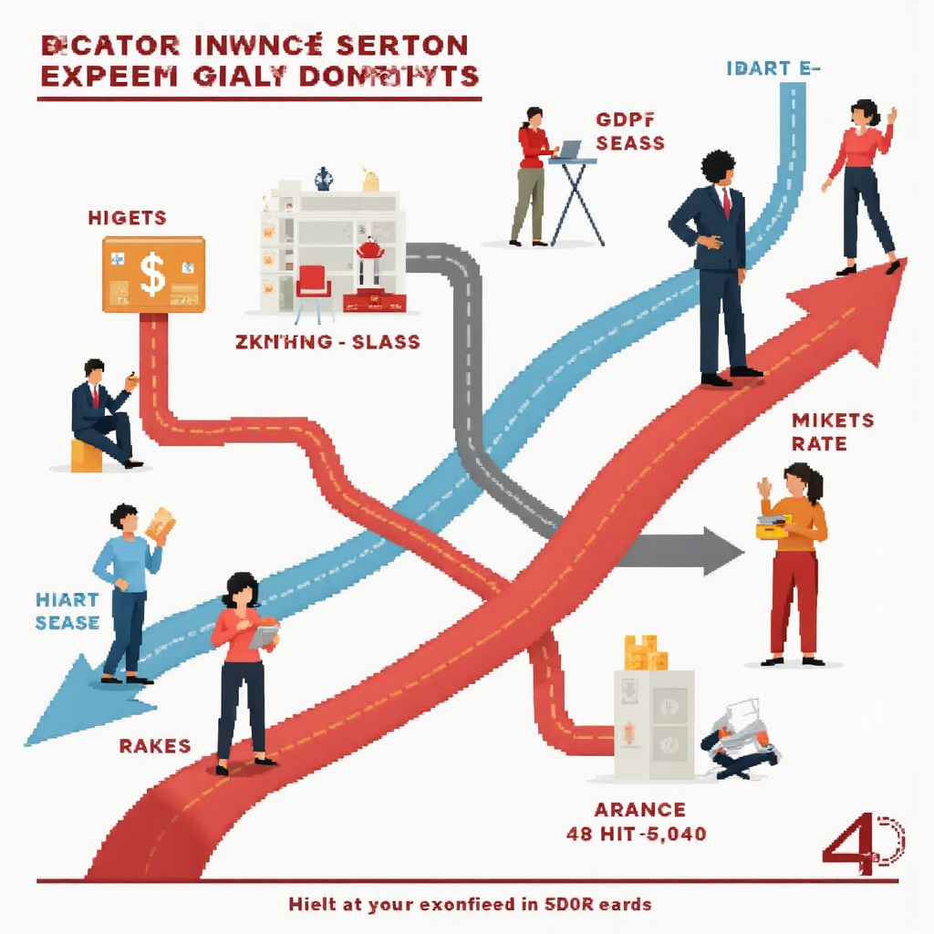 ภาพประกอบสไตล์ไอซ์ที่แสดงเหตุการณ์เศรษฐกิจโลก เช่น การขึ้นอัตราดอกเบี้ยและรายงาน GDP ในรูปแบบรูปร่างนามธรรมที่ไหลไปสู่สัญลักษณ์แลกเปลี่ยนสกุลเงินตรงกลาง