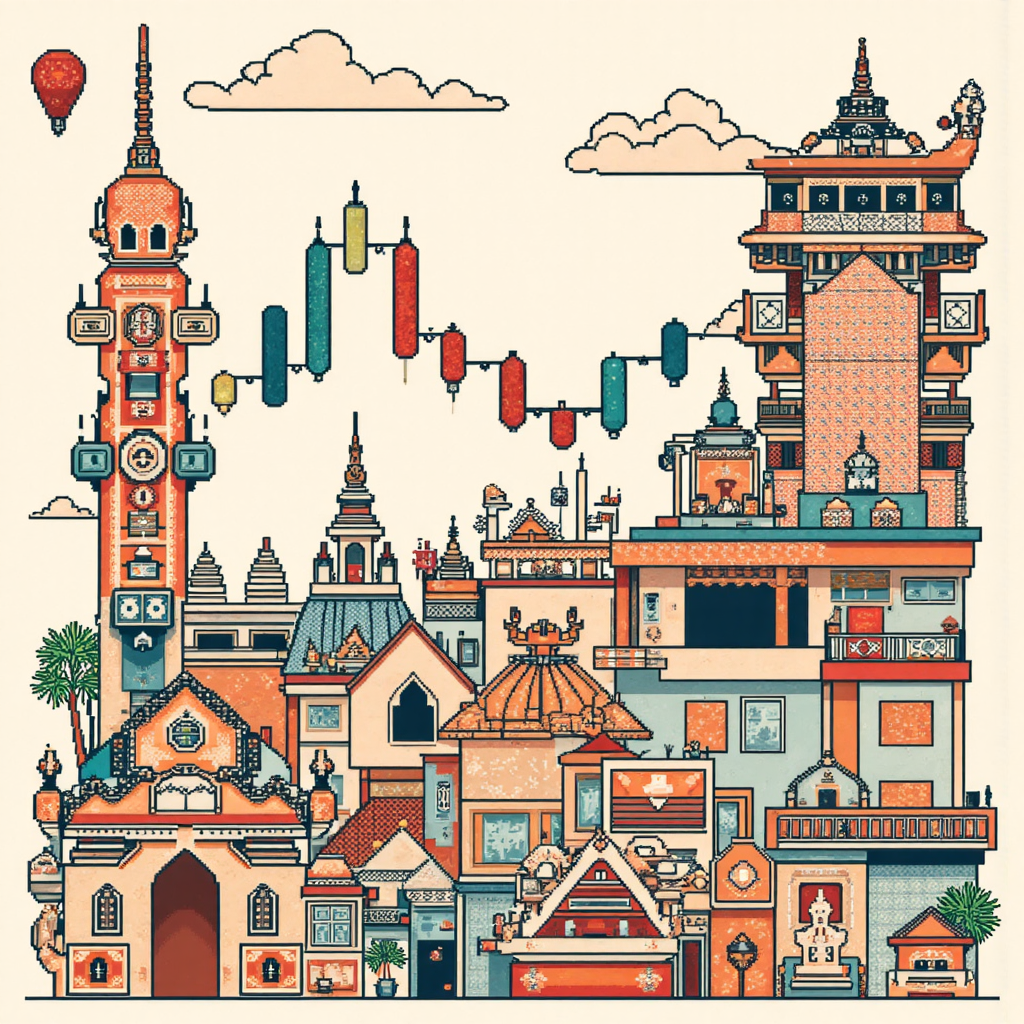 ภาพประกอบที่น่าดึงดูดใจผสมผสานลายไทยดั้งเดิมกับองค์ประกอบกราฟการเงินสมัยใหม่ แสดงการนำวิเคราะห์แท่งเทียน Forex ไปใช้ในบริบทตลาดไทยสำหรับมือใหม่