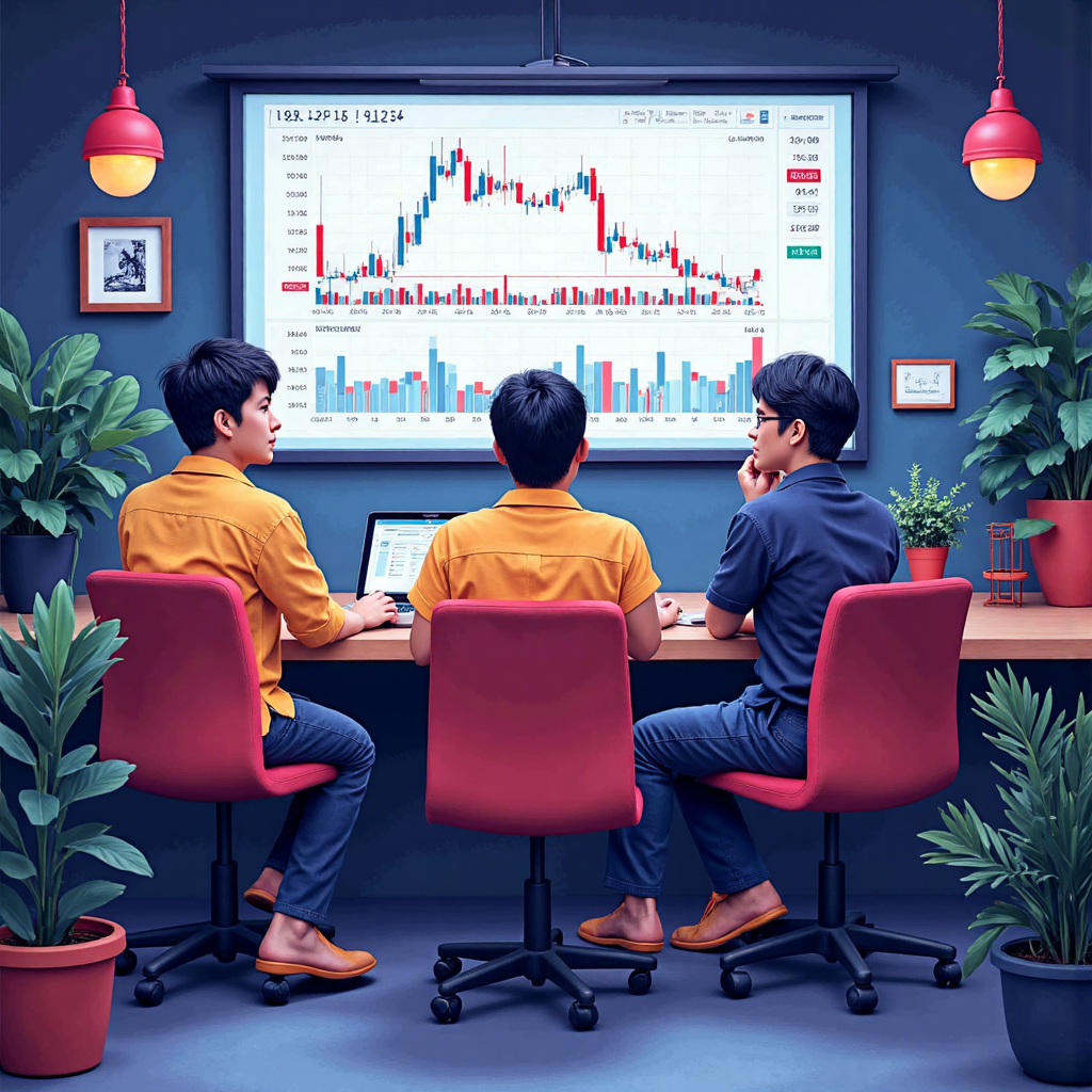 Illustrative scene of a diverse group of Thai traders gathered around a digital trading dashboard displaying forex market trends with subtle Thai cultural motifs integrated into the background design