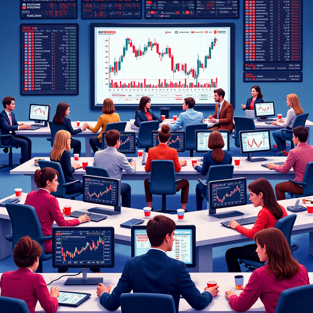ภาพไอส์ลัสเตรตสดใสของฟอรั่มเทรดดิ้งที่มีตัวละครหลากหลายโต้ตอบกันผ่านชาร์ตและฟีดข่าว พลังงานไดนามิก ภาพน่าดึงดูด สีสันสดใสแต่ดูเป็นมืออาชีพ