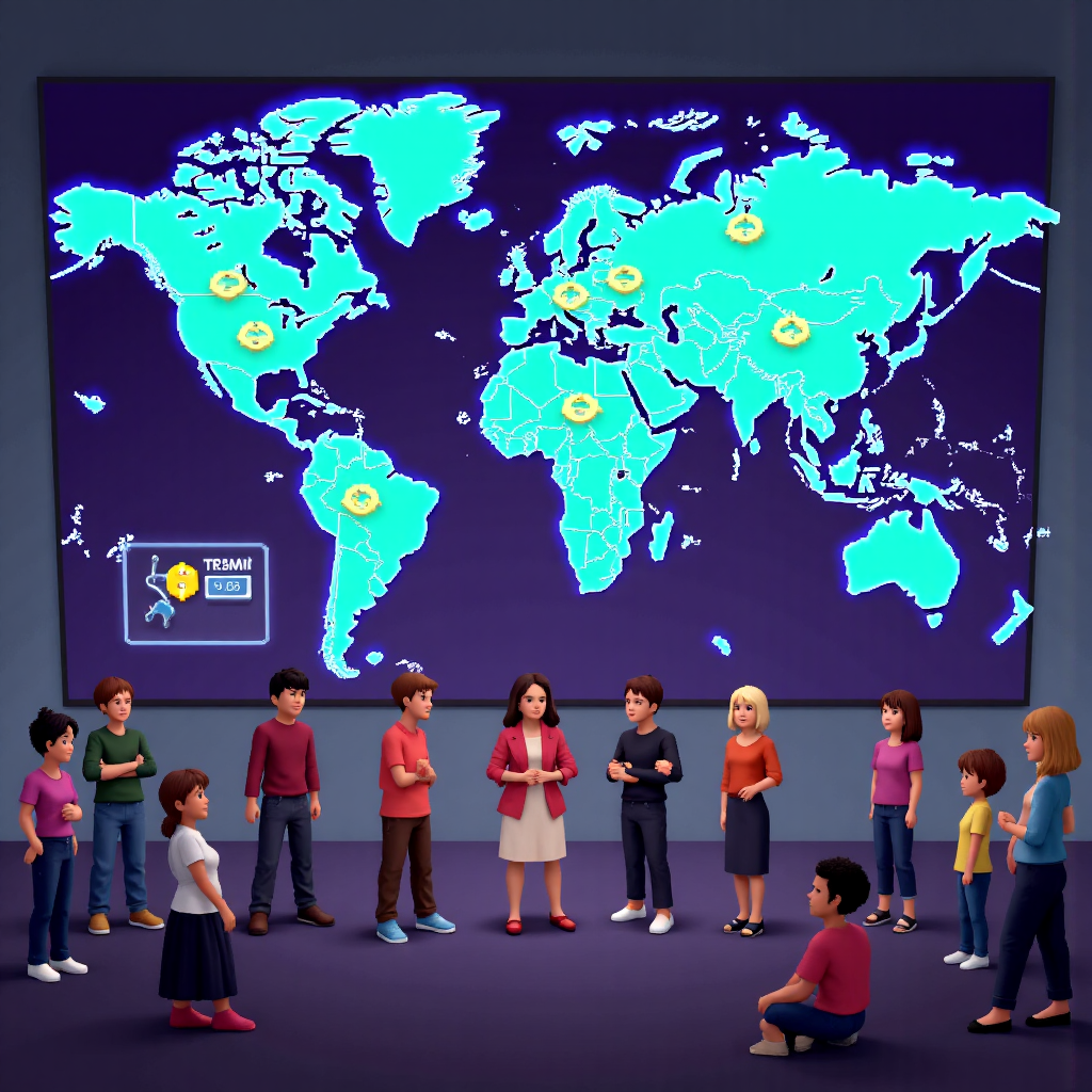 A diverse group of people from Thailand gathered around a glowing holographic world map showing currency exchange rates with a friendly illustrative style