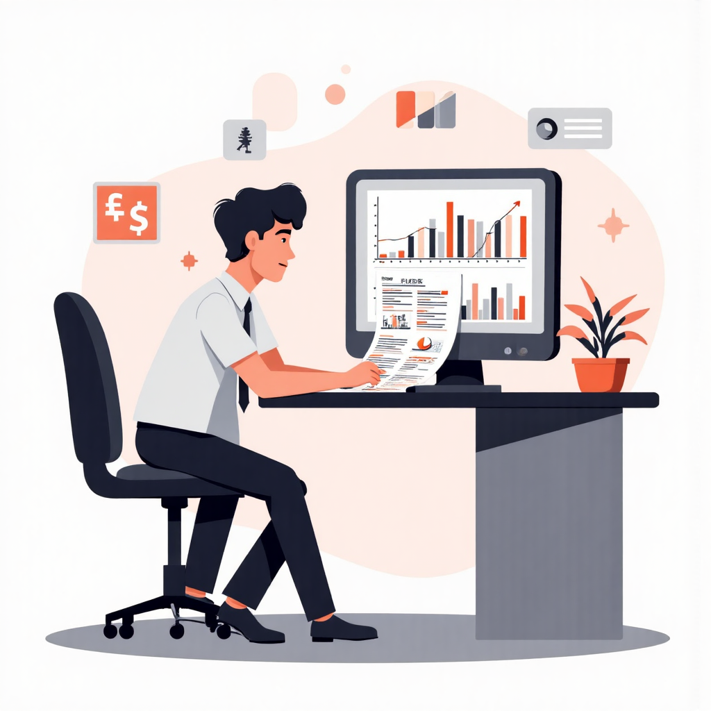 A stylized illustration of a responsible investor carefully examining a financial document with intricate details on forex market trends complemented by a subtle background of trading charts and global currency symbols all rendered in a modern flat design style