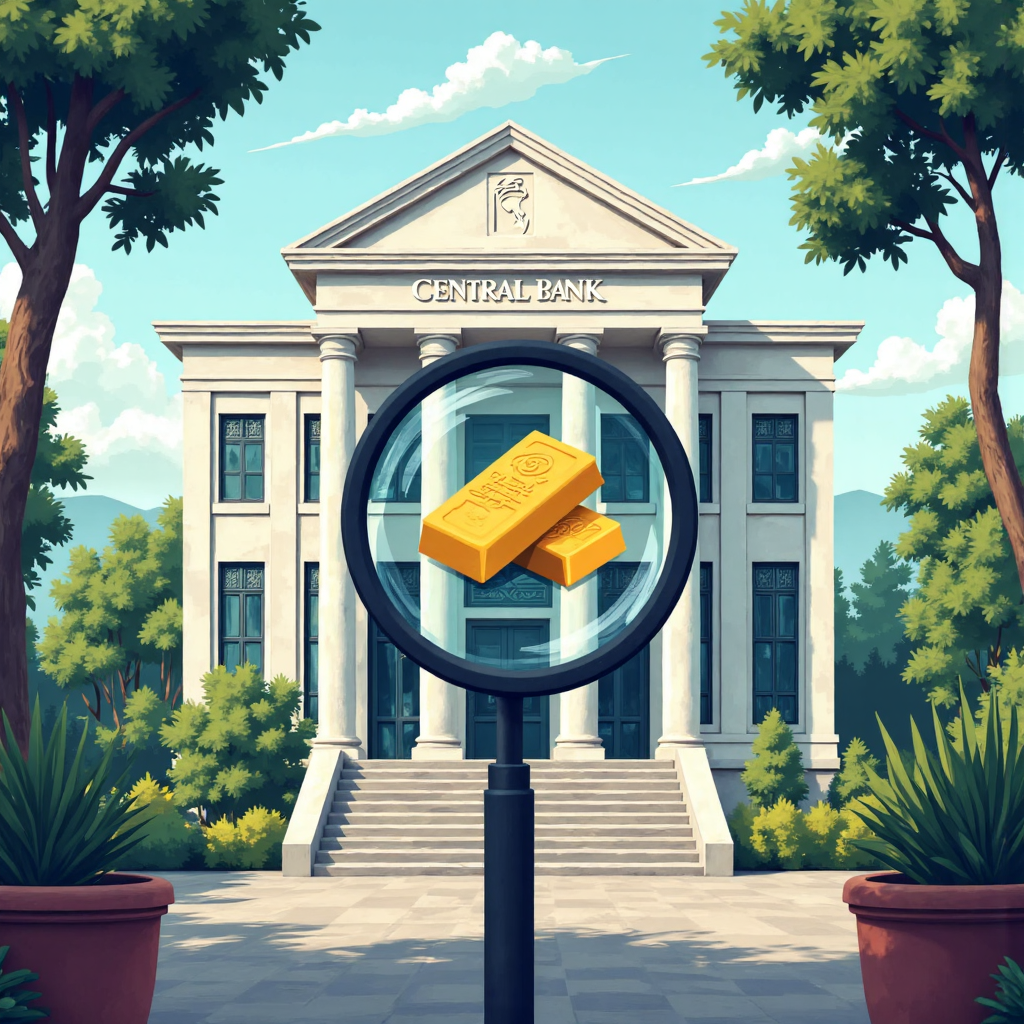 illustration of a thai central bank building with a magnifying glass focused on inflation data and golden bars symbolizing a safeguard asset against economic uncertainty lively yet professional atmosphere