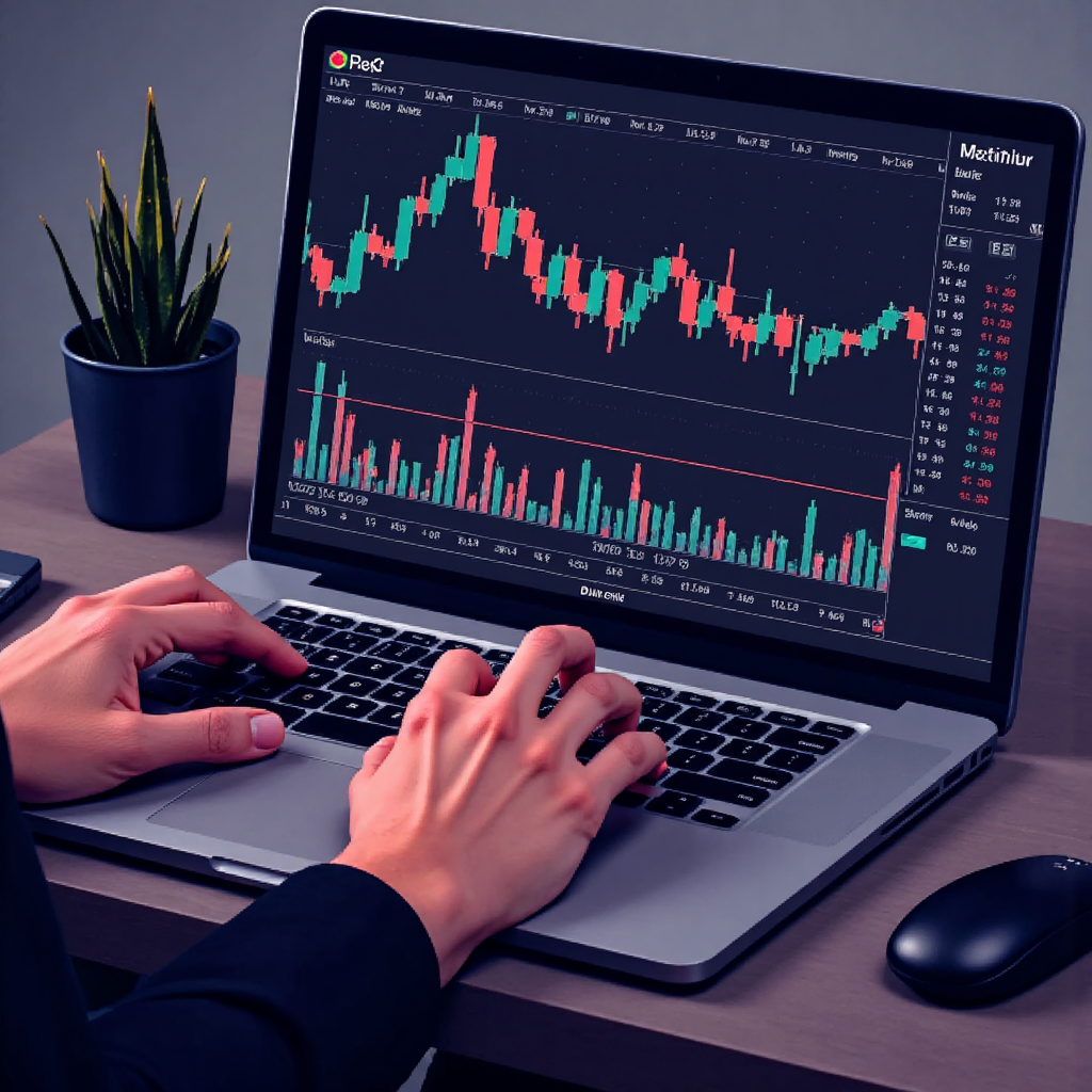 A close up illustration of a trader's hands meticulously adjusting trading charts on a laptop with a subtle Thai flag motif in the background