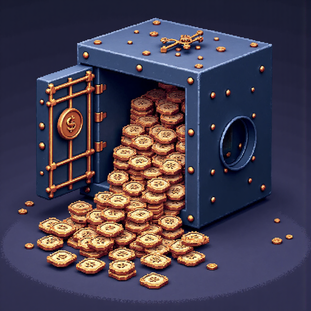 graphic illustration of a secure digital vault overflowing with bonus currency symbols symbolizing trust and safety in forex trading with a magnifying glass inspecting terms and conditions