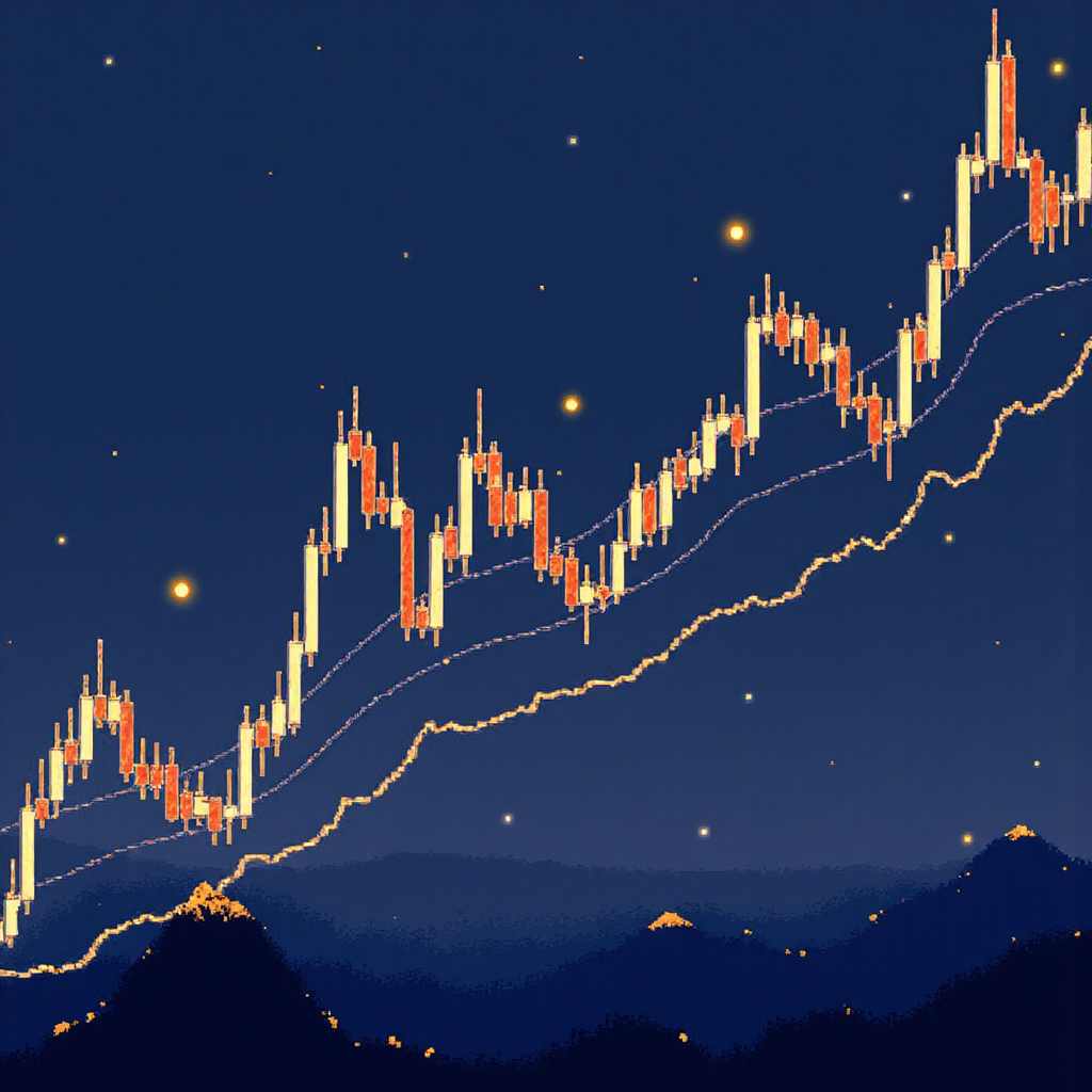 illustrative depiction of a glowing forex candlestick chart with dynamic upward trends and subtle market data visualizations in a modern digital art style with soft blue and gold color palette