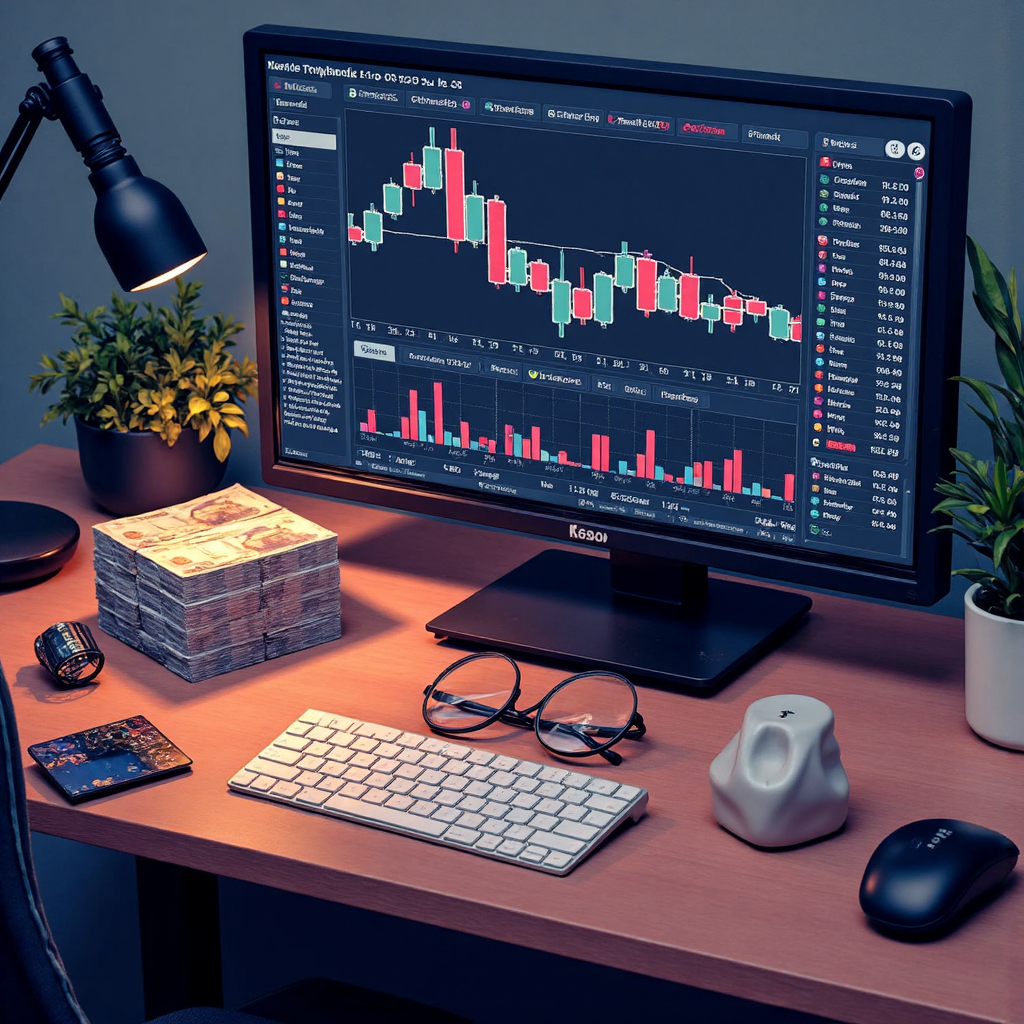 An overhead view of a desk with a trading platform displayed on a monitor alongside a stack of Thai baht currency and a magnifying glass examining charts symbolizing clarity and opportunity