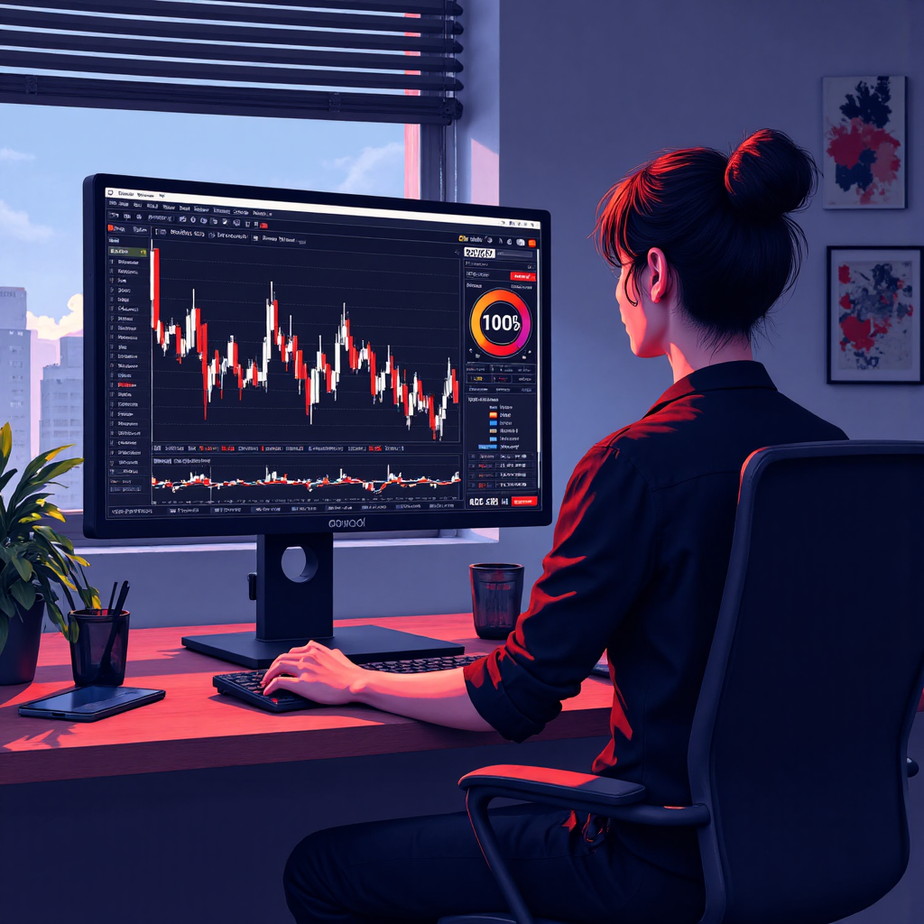 stylized illustration of a trader making strategic decisions on a computer screen the screen displays charts and analysis tools enhanced by a luminous 100 percent bonus indicator
