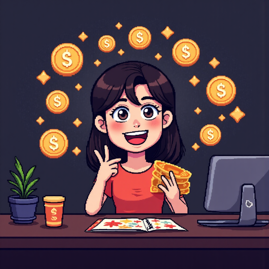 An illustration of a happy Thai trader receiving a digital bonus notification surrounded by glowing currency symbols
