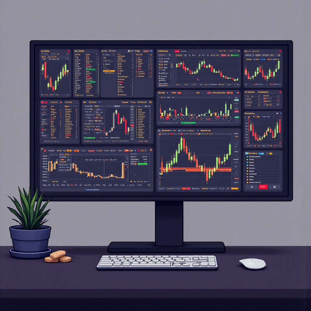 stylized artistic representation of interconnected forex trading platforms and tools with glowing lines connecting indicators and charts symbolizing data flow and analysis over a muted background