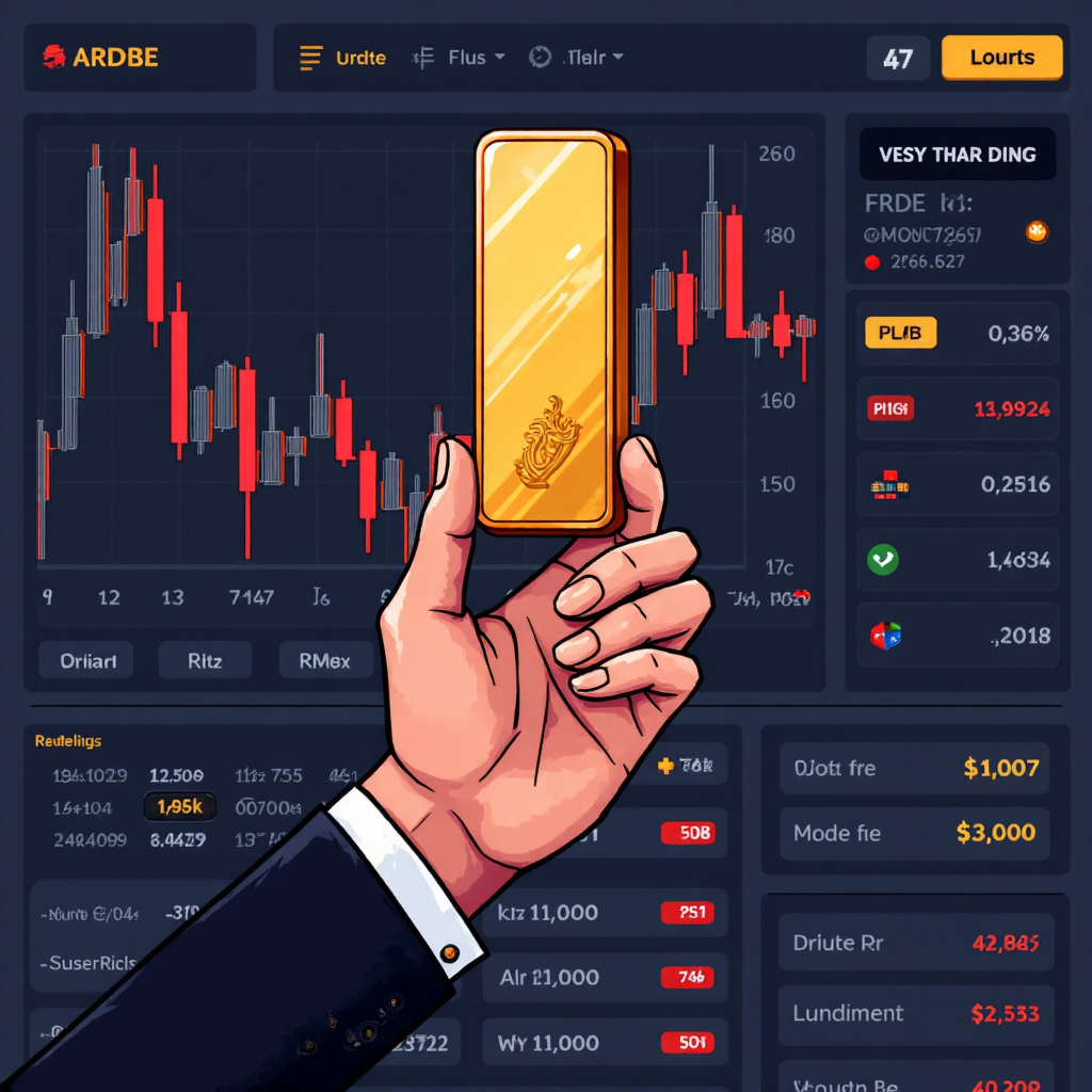 A detailed illustration of a trader's hand holding a golden bar superimposed over a Forex trading platform interface with subtle geopolitical risk icons in the background