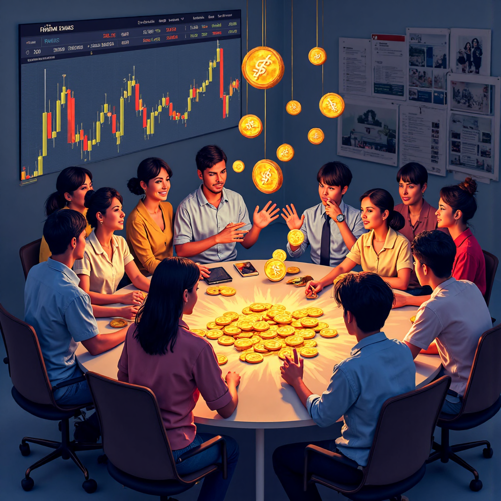 illustration of a diverse group of thai traders gathered around a glowing forex chart with golden bonus coins raining down representing opportunity and financial growth