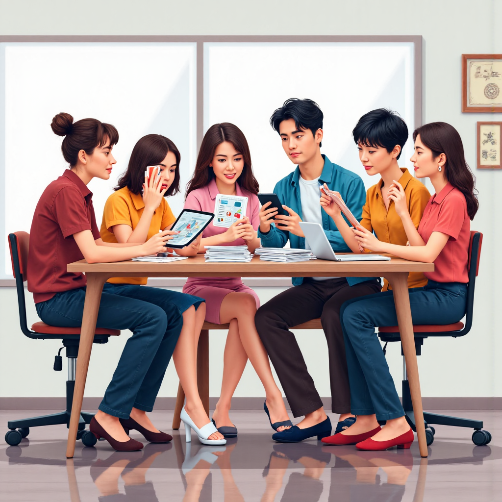 illustration of a diverse group of Thai people looking at investment charts on tablets and phones collaborating and learning together in a friendly atmosphere digital art