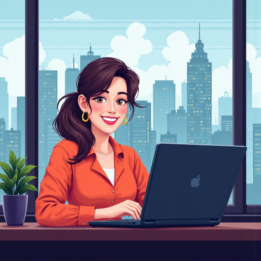 illustration of a person happily trading stocks on a laptop with a cityscape background lively and vibrant colors smooth digital art style