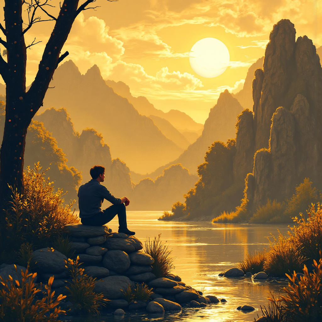 illustration of a golden candlestick chart with abstract swirls of gold and USD symbols forming a mountain landscape under a soft glowing sun an investor observing with keen interest