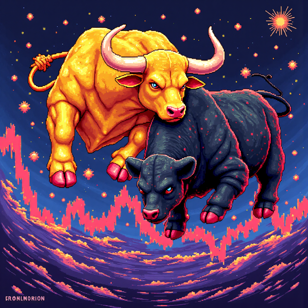 A vibrant illustration of a golden bull and bear locked in a dynamic struggle above a swirling currency exchange graph depicting XAUUSD in a modern art style with bright energetic colors