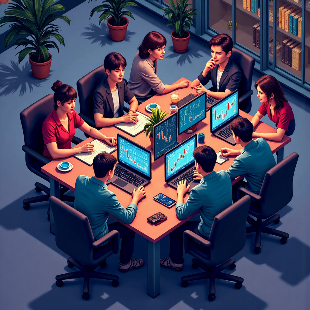 An overhead illustration of a diverse group of Thai traders collaborating around a table with glowing charts and trading indicators