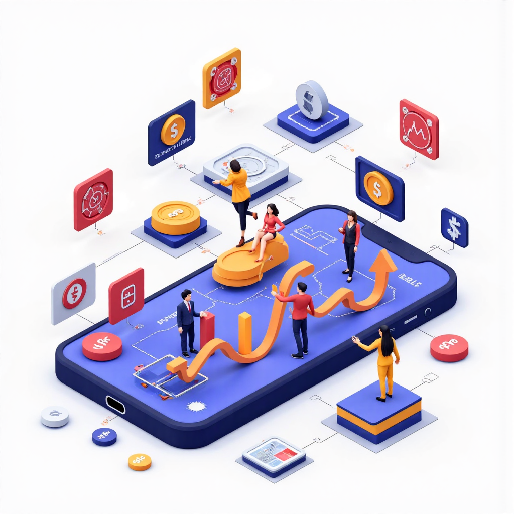 illustration of various colorful trading platform icons and financial charts floating around a smartphone symbolizing accessibility and technology smooth digital art