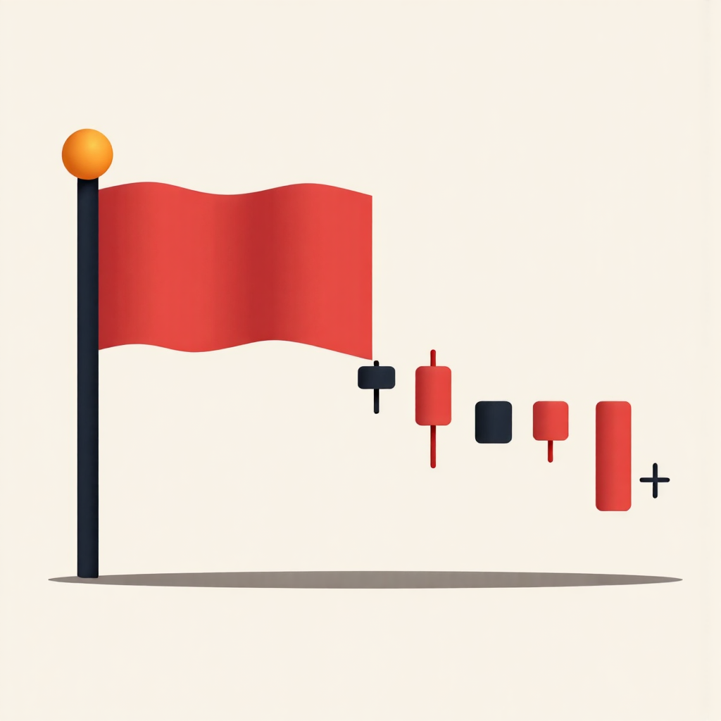 Stylized flat design illustration depicting the core components of a bearish flag pattern on a forex chart the pole descending sharply followed by a narrow upward channel flag representing a temporary recovery before a continued downtrend subtle color contrast low poly style