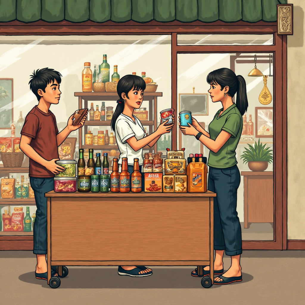 illustration of thai people shopping for groceries with rising price tags and a subtle hint of gold jewelry in the background depicting the impact of cpi on daily life muted earth tones relatable everyday scenario