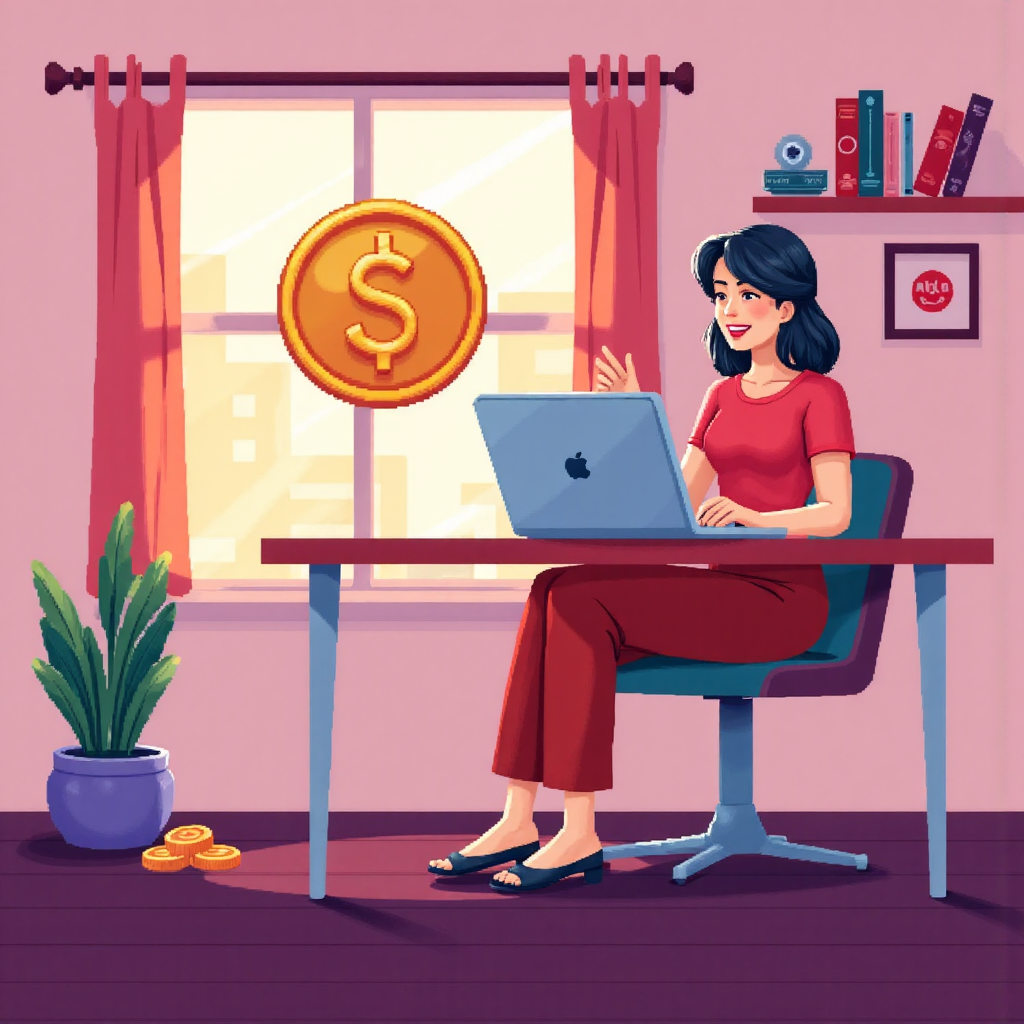 A vibrant illustration of a person happily opening a digital trading account on a laptop with a large bonus symbol floating above it warm inviting colors soft lighting