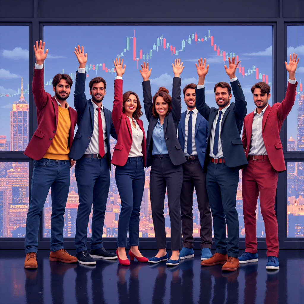 A diverse group of happy traders from different backgrounds celebrating their successful trades with a backdrop of glowing financial charts and city skylines conveying global accessibility and excitement