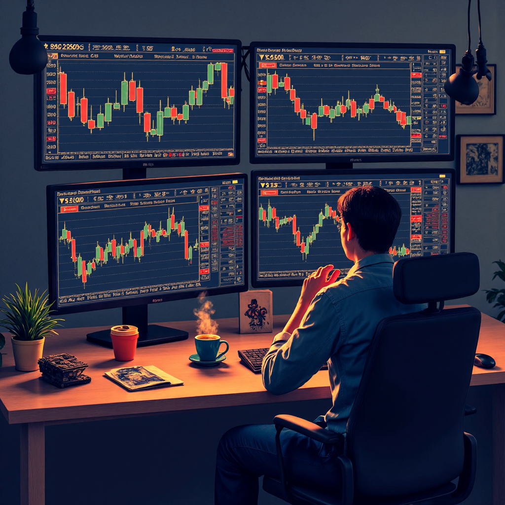 overhead view illustration of a trading desk with multiple screens displaying detailed XAU USD charts and global economic indicators a steaming cup of coffee sits nearby a focused trader in the background